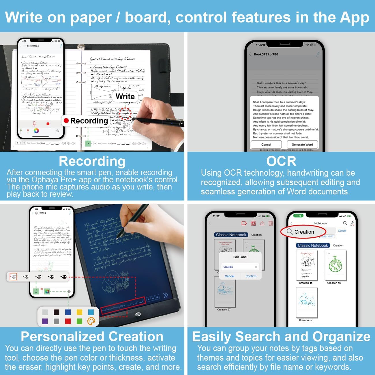 Ophayapen Smart Sync Pen for Note Taking with Notebook and Writing Board,Real-time Sync for Digitizing,Convert to Text,Storing,Sharing Paper Notes via APP on Smartphone/IPAD (Android and iOS)