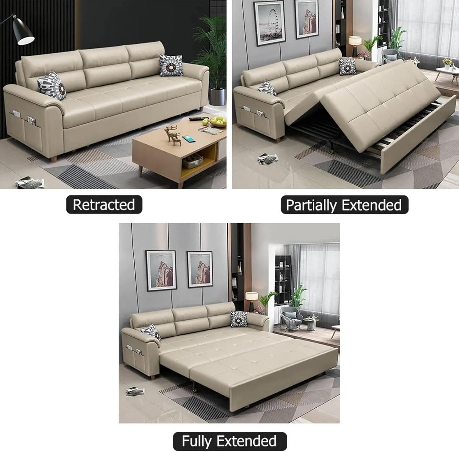 homary 74' Queen Sleeper Sofa Bed – 2-Seater Convertible Couch with Pull-Out Bed with Storage Drawers & Side Pockets, for Apartment Living Room (Beige)