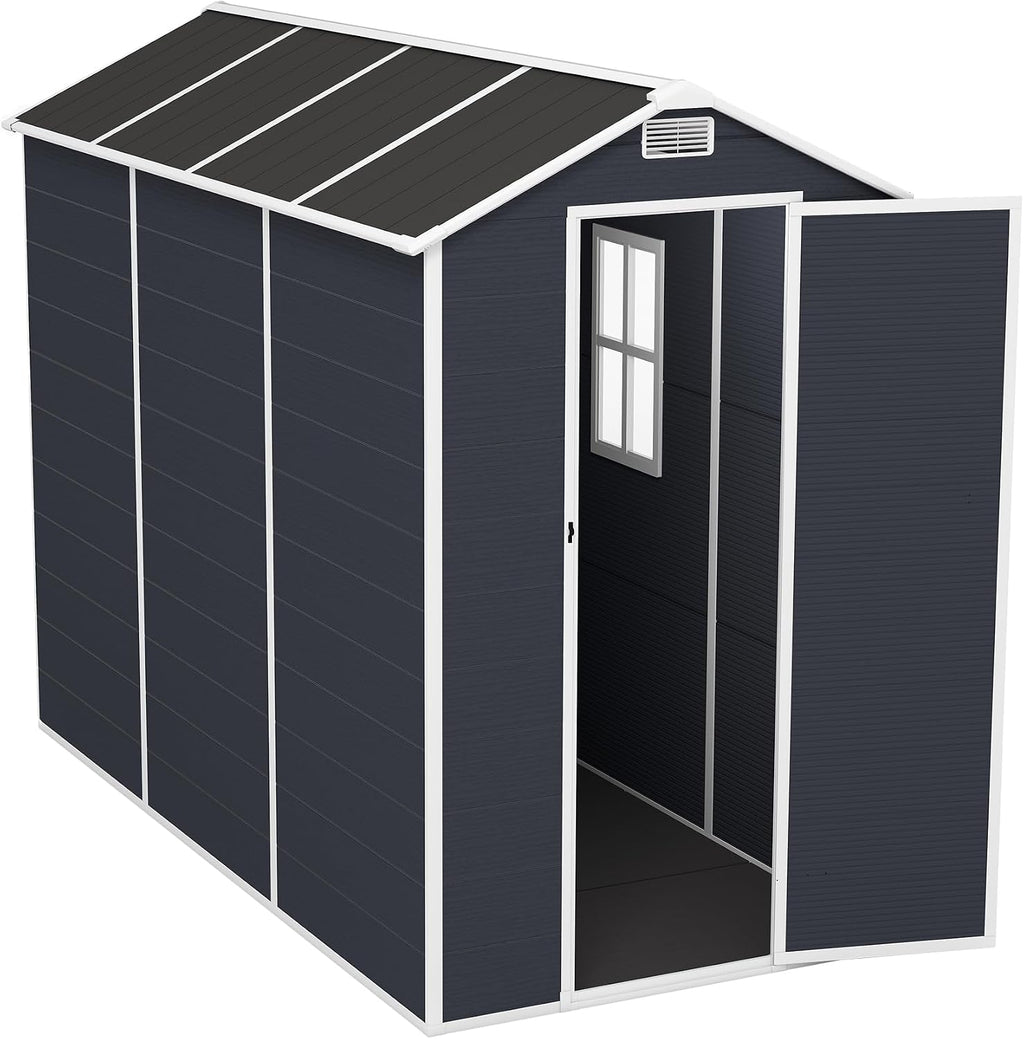 Campcraft 4x8ft Heavy Duty Resin Storage Shed - 12mm Thick PP Walls, Lockable Double Doors & HD Window, Waterproof Outdoor Garden Shed for Lawn Tools/Patio Furniture,Hurricane-Proof UV & Rust Proof