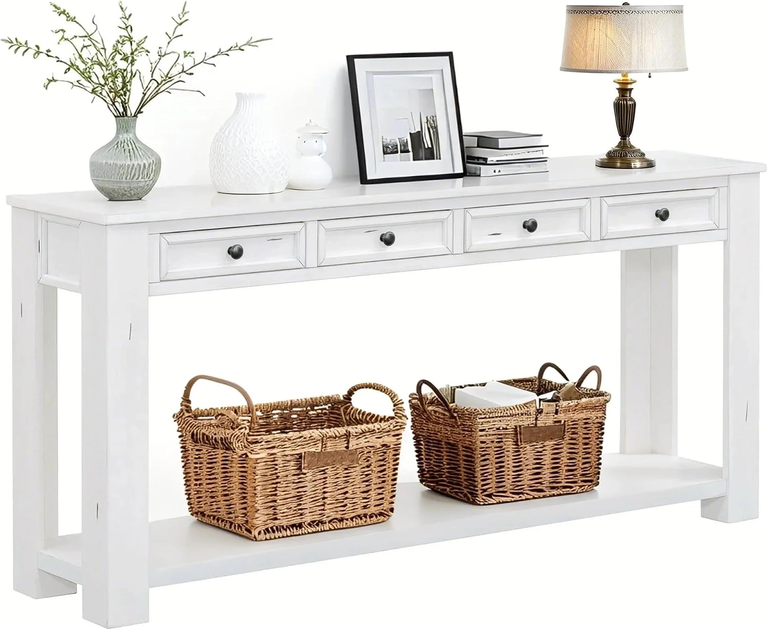 LKTART White Console Table,Solid Wood Sofa Table with 4 Drawers Hallway Table for Storage Entry Foyer Behind Couch Table,Easy Assembled (63' White)