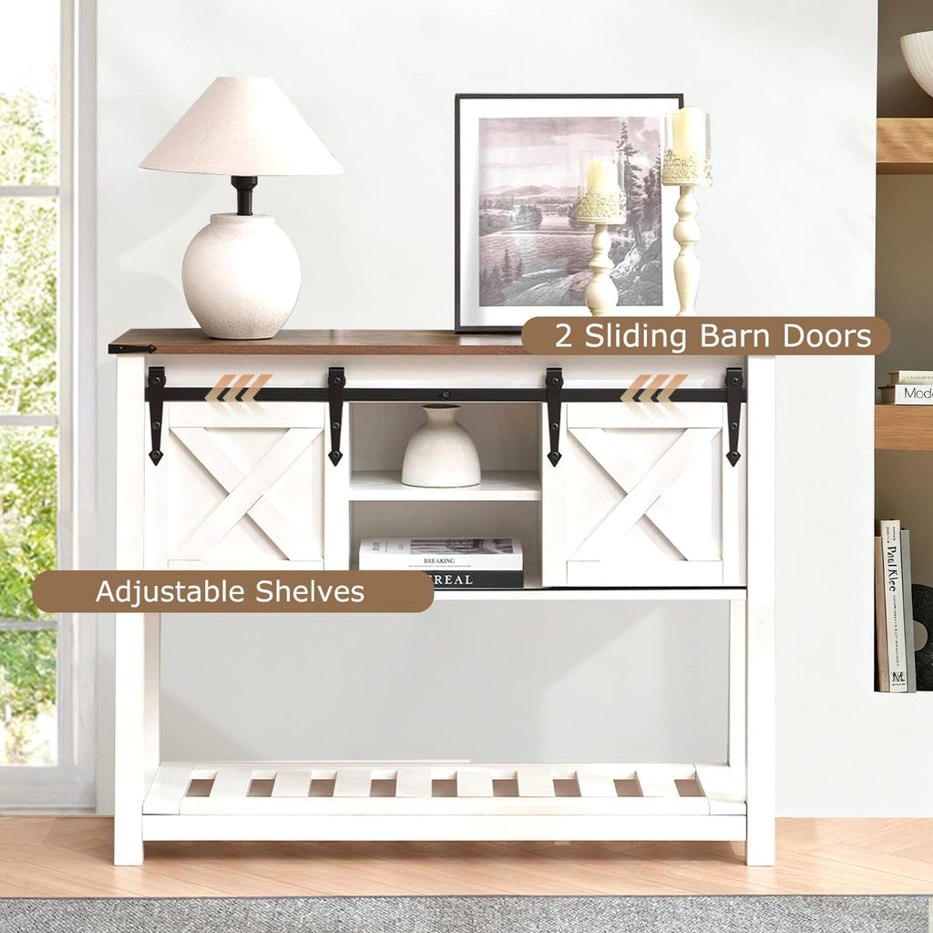 Farmhouse Entryway Table with Sliding Barn Doors, Wood Console Table with Storage Shelf, Rustic Sofa Table for Living Room, Entryway, Foyer, White