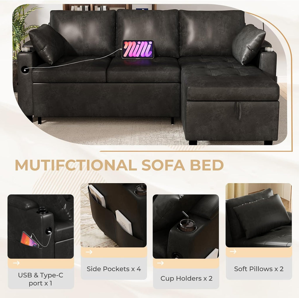 Esright Sleeper Sofa Bed, 3-in-1 Pull Out Couch with Reversible Chaise, Leather Sleeper Sofa with Storage, USB, Cup Holder, Pullout Sectional Couches for Apartment Living Room, Black | Hidden Storage Space