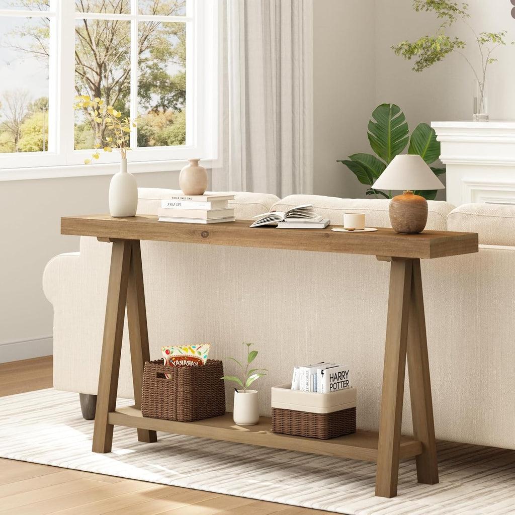 HOKYHOKY Solid Wood Console Tables - 63' Pinewood Farmhouse Rustic Hallway Table, Foyer Tables Living Room, Solid Firwood Sofa Table for Entryway, Brown