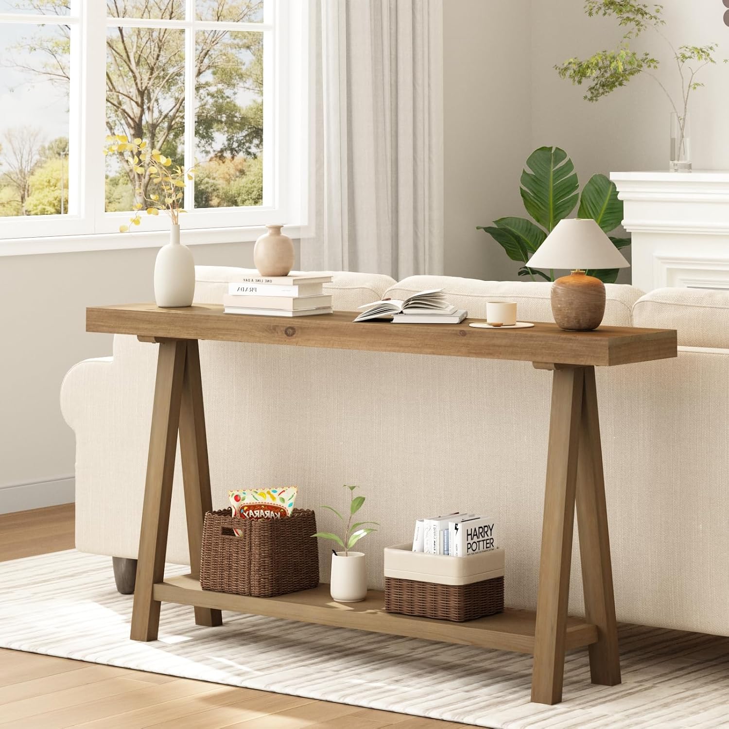 HOKYHOKY Solid Wood Console Tables - 63' Pinewood Farmhouse Rustic Hallway Table, Foyer Tables Living Room, Solid Firwood Sofa Table for Entryway, Brown