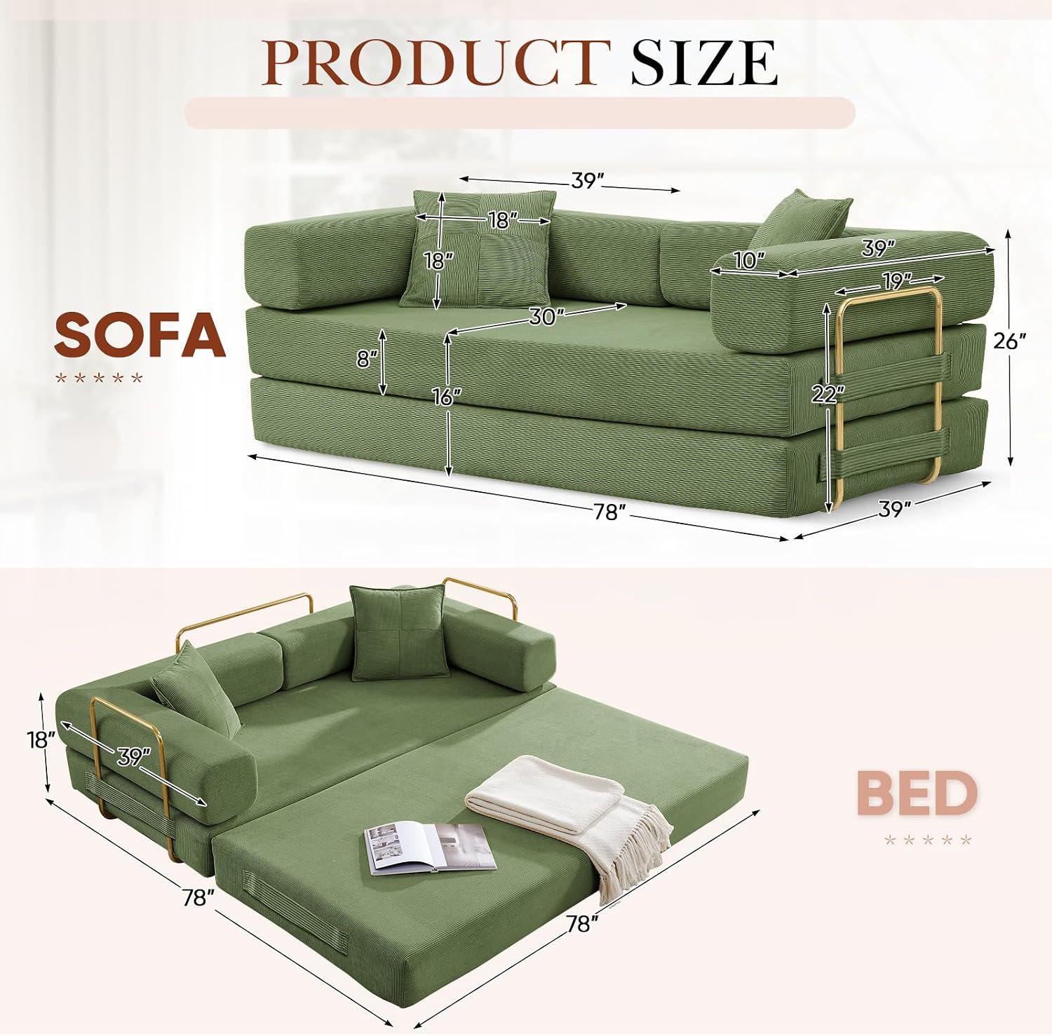 Modular Couch Bed, Convertible Folding Plush Corduroy Comfy Floor Memory Foam Compression Loveseat Sleeper Sofa Couch, King Size Bed for Guest Room Living Room Bedroom, No Assembly, Olive Green