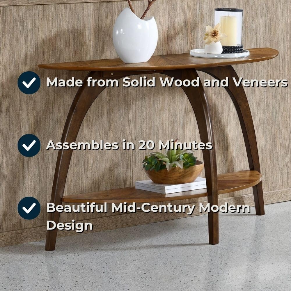 Retro Mid-Century Modern Half-Moon Wood Sofa Table with Lower Shelf, Console Table for Living Room or Entryway. Nutmeg Brown Top with Espresso Brown Legs