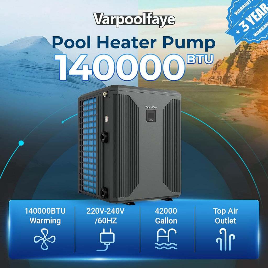 140,000 BTU Inverter Electric Pool Heater for Inground Pool Swimming Pool Heat Pump Up to 42,000 Gallons Heating Cooling WiFi Control 220v