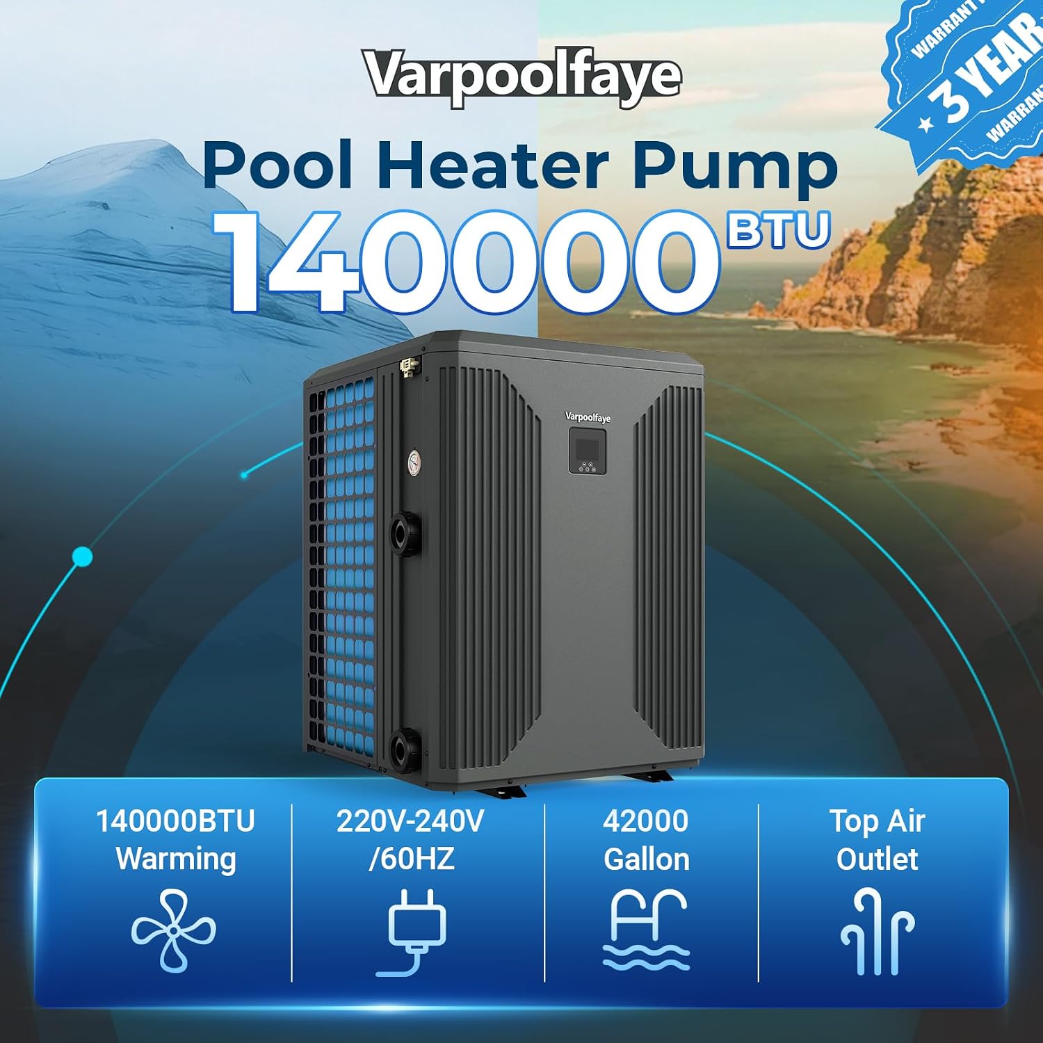 140,000 BTU Inverter Electric Pool Heater for Inground Pool Swimming Pool Heat Pump Up to 42,000 Gallons Heating Cooling WiFi Control 220v