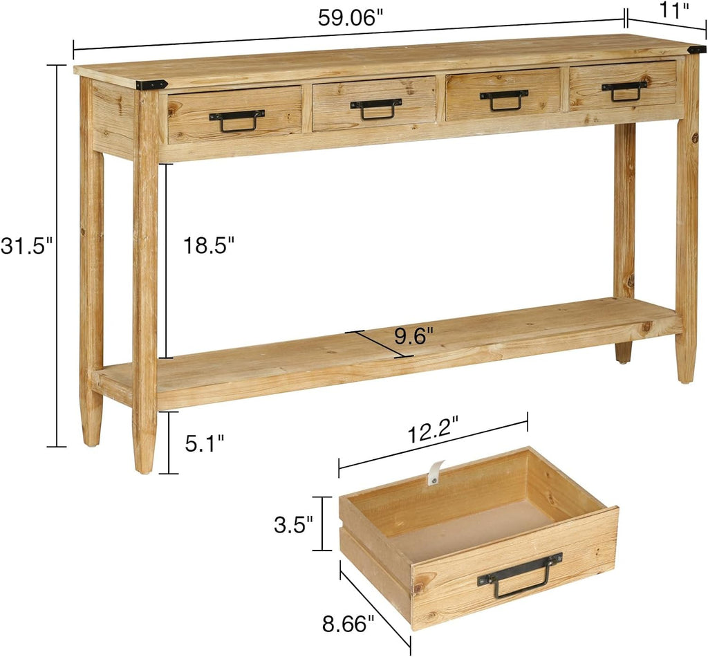 RUSTOWN Farmhouse Console Table with 4 Drawer, 60' Long Rustic Entryway Table with Open Storage Shelves and Handmade Metal Handle, Narrow Foyer Sofa Table for Living Room, Entryway, Hallway(Natural)
