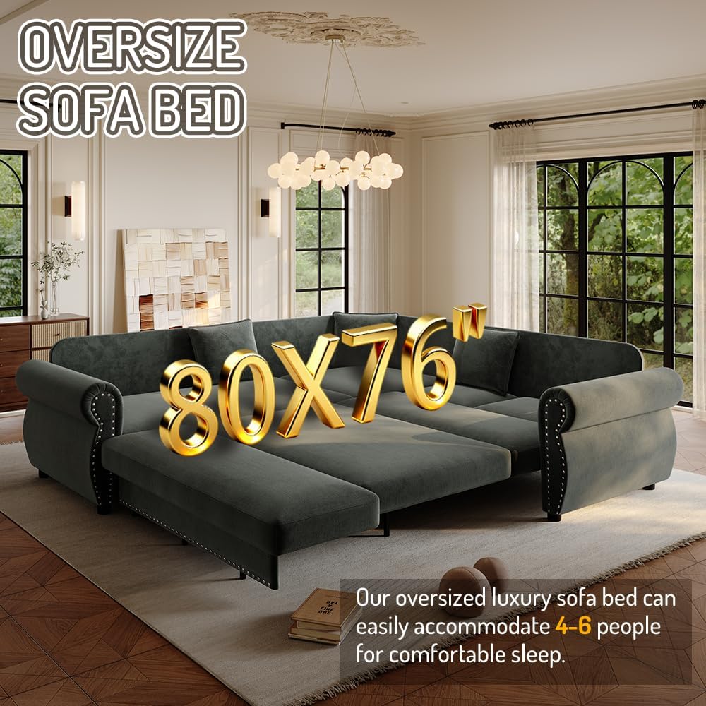 88.2' Pull Out Couch Bed King, L Shaped Convertible Sleeper Sofa, 4-Seater Couches with Rivet Armrests, 3 Pillows, Chenille Upholstery, Futon Sofa Bed for Living Room, Apartment, Office, Green
