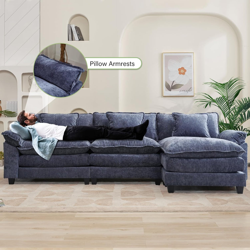Oprisen 120' Modular Sectional Sofa, Comfy Cloud Couch Sectional Sofa with Ottoman, Chenille Sofa Sleeper Deep Seat Sofa with Throw Pillows for Living Room (Blue, 120'- L Shape)