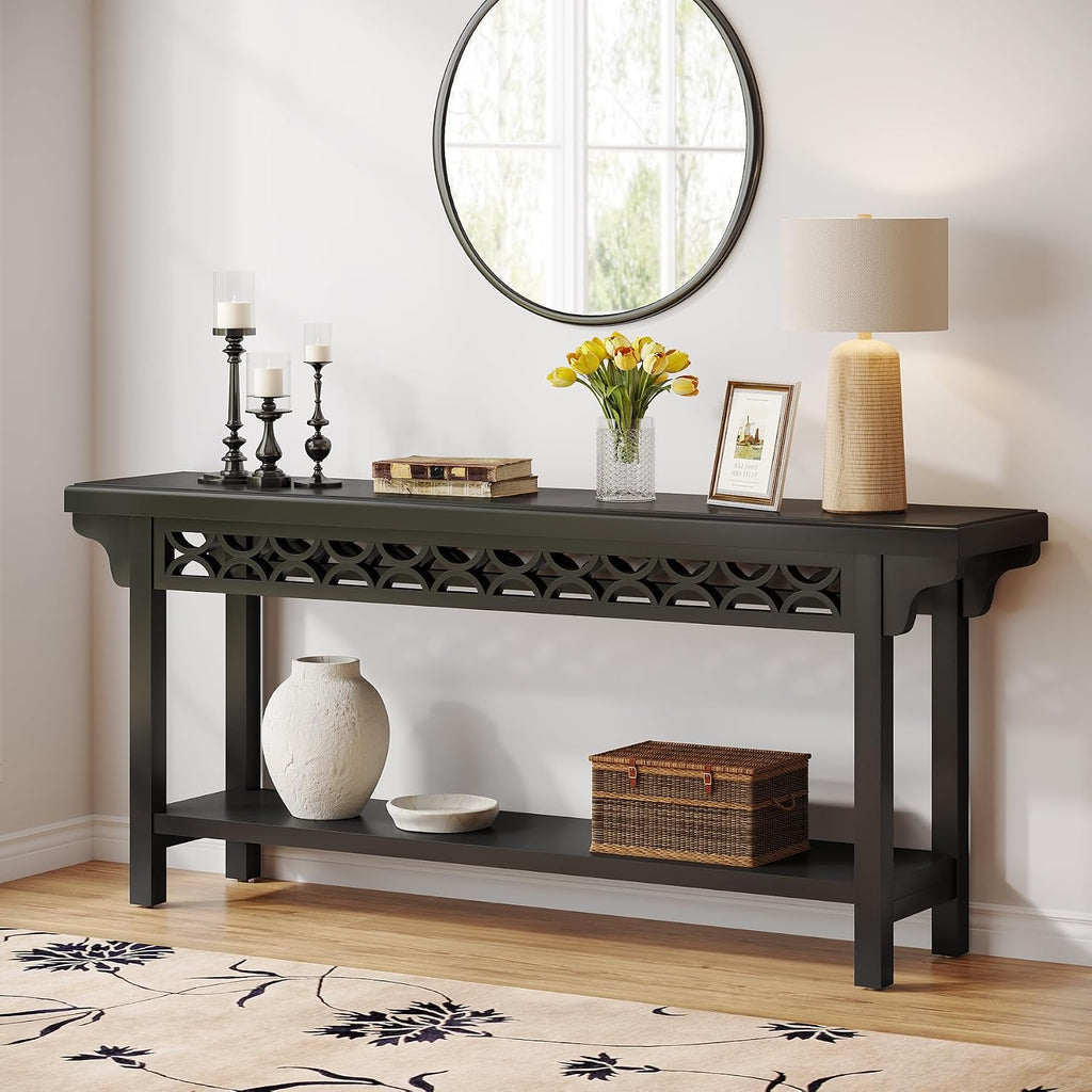 Tribesigns 70.8-Inch Solid Wood Long Console Table, Farmhouse Entryway Table with Storage, Narrow Sofa Table Grey Couch Table for Living Room Entryway Hallway (Black)
