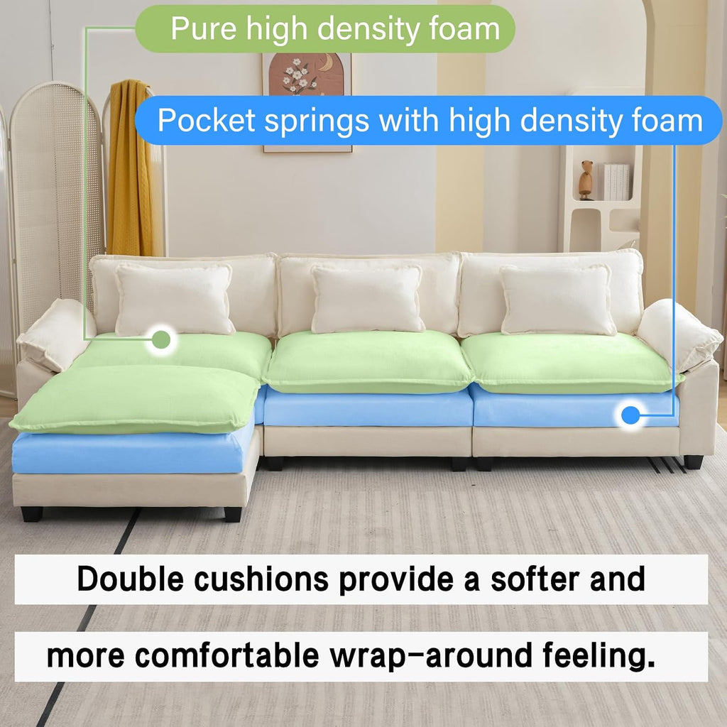 Oprisen 120' Modular Sectional Sofa, Comfy Cloud Couch Sectional Sofa with Ottoman, Chenille Sofa Sleeper Deep Seat Sofa with Throw Pillows for Living Room (Beige White, 120'- L Shape)