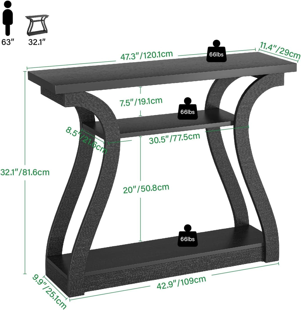 Wooden Console Table with Curved Legs and Shelf, 3-Tier Modern Accent Narrow Sofa Table for Entrance Area, Living Room, Hallway, 47 in Wide Wood Console Table for Entryway (Black)