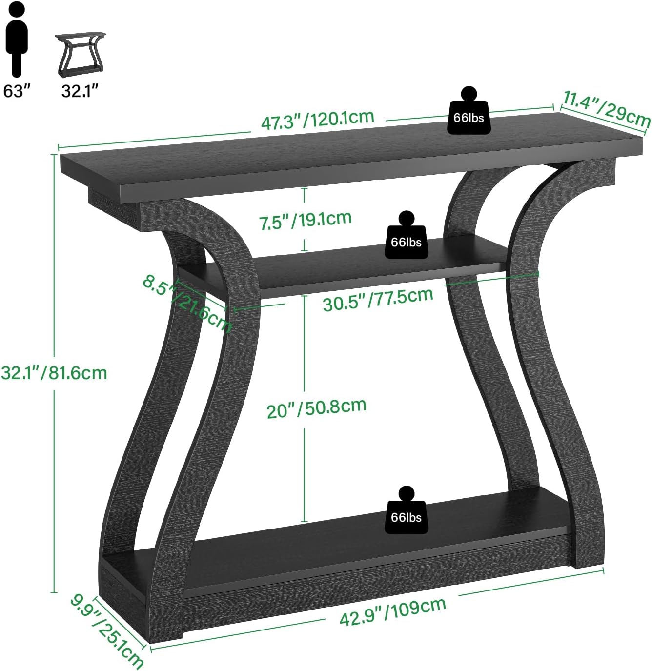 Wooden Console Table with Curved Legs and Shelf, 3-Tier Modern Accent Narrow Sofa Table for Entrance Area, Living Room, Hallway, 47 in Wide Wood Console Table for Entryway (Black)