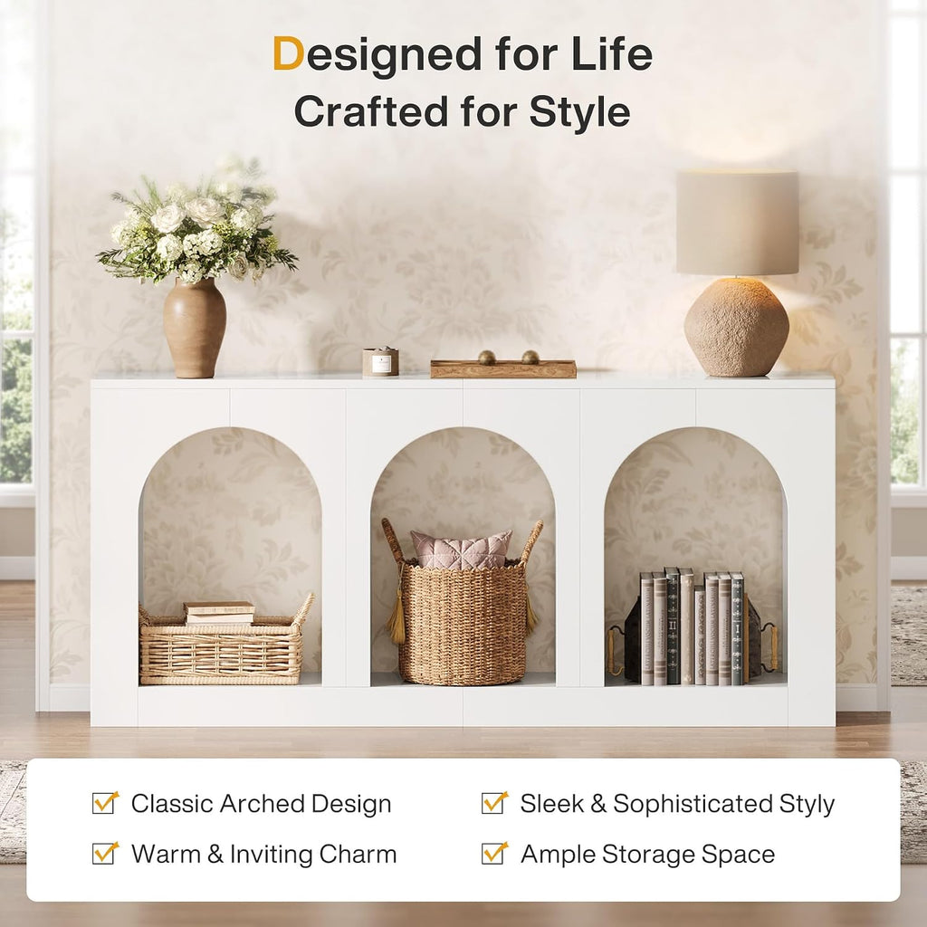Tribesigns 70.9' White Console Table with Storage, Wood Entryway Entry Table with 3 Arched Shelves for Foyer, Hallway, Living Room, Behind Couch Sofa, Narrow Long