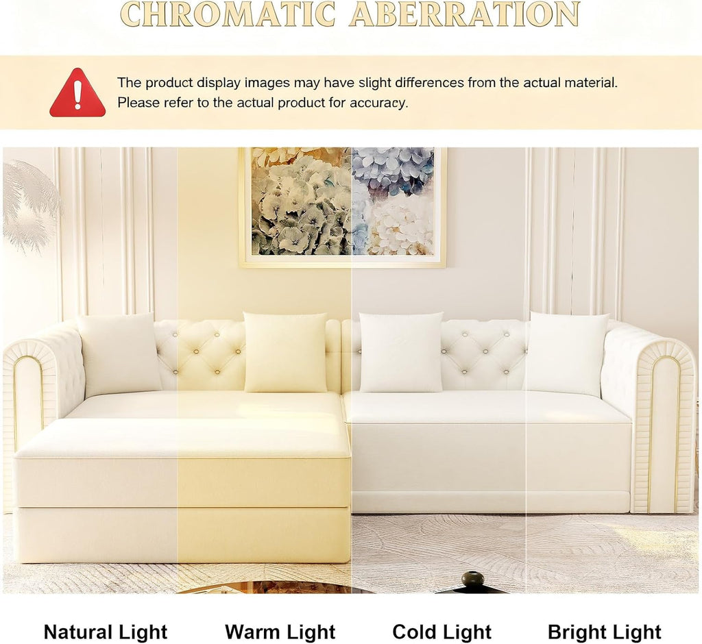 90.6'' Futon Sofa Bed, Chesterfield Velvet Sleeper Sofa, Convertible Floor L-Shaped Couch, Tufted Back, 4 Pillows, Gold Edge Trim, Deep Loveseat Couches for Living Room, Apartment, Gold Beige