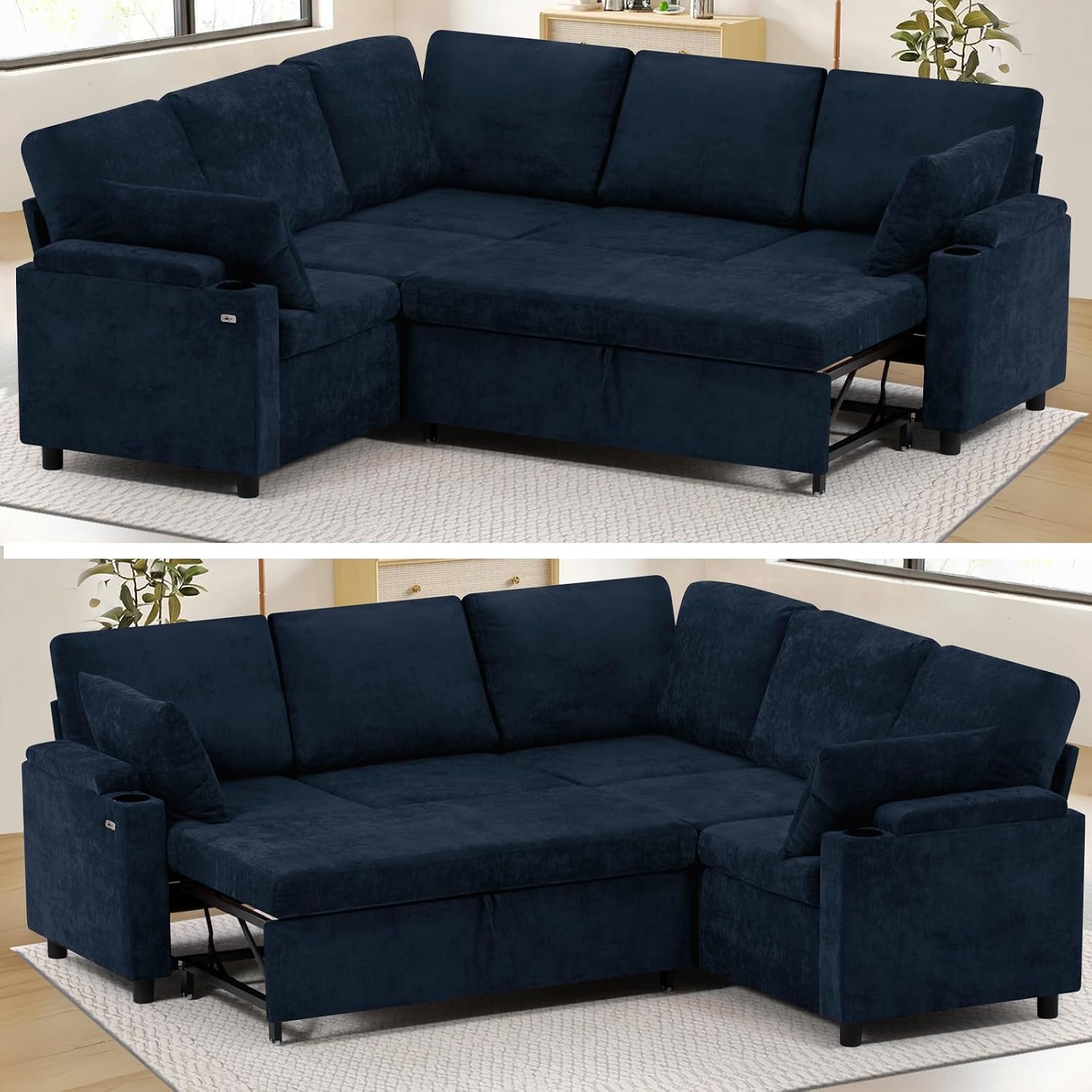 85' Chenille Reversible Sectional Sofa w/Pull-Out Bed, Upholstery L-Shaped Couch w/Storage Armrests & Cup Holders, Modern Corner Sofa w/USB Charging Port & Throw Pillow for Living Room, Blue