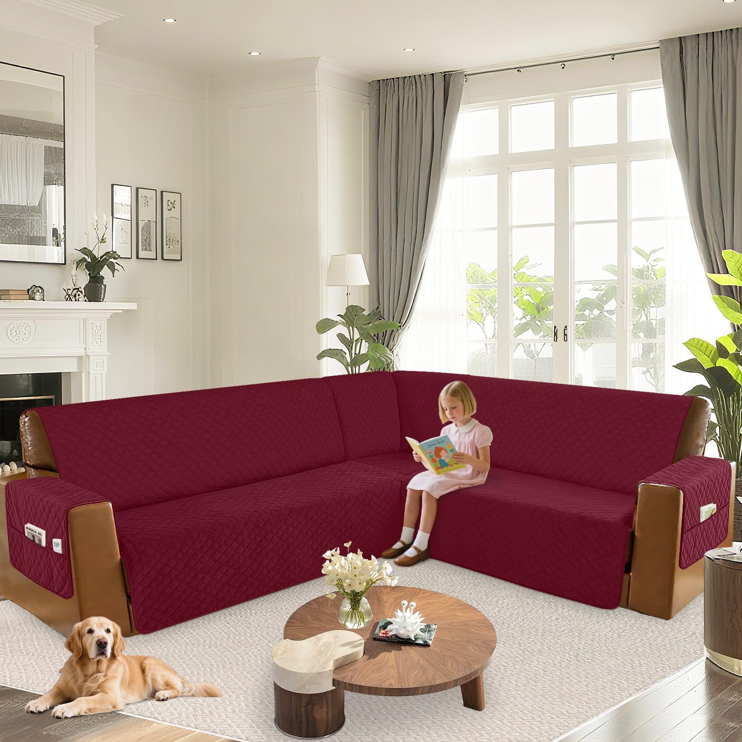 Arfntevss Waterproof Sectional Couch Covers L Shape Washable Velvet Sofa Cover for Sectional Non Slip Large Corner Slipcovers Dog 6 Pcs Universal U Shaped Furniture Protector (Burgundy, X-Large)