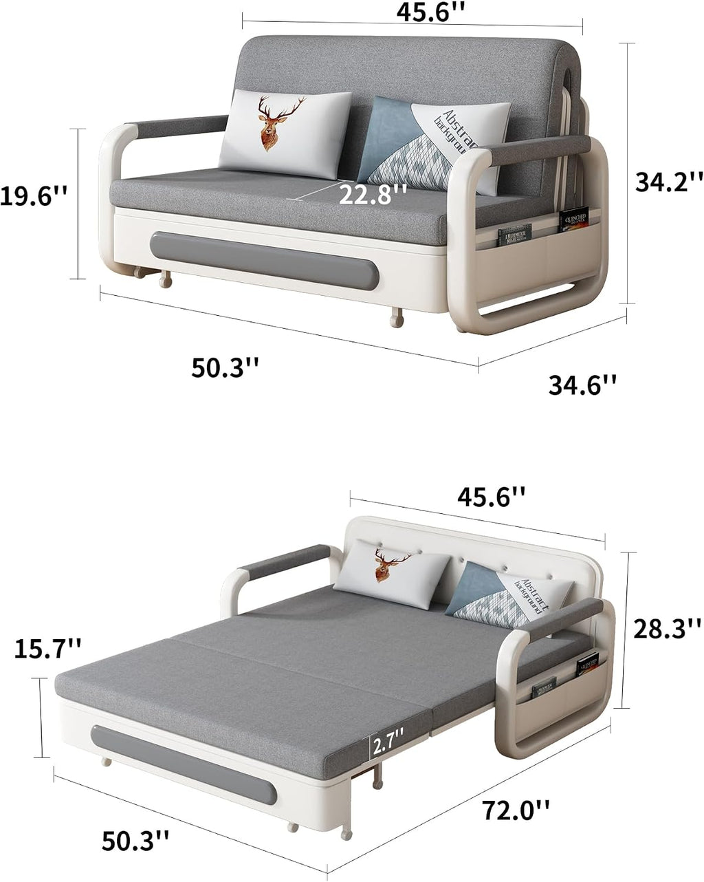 Pull-Out Sofa Daybed with Trundle - Versatile Futon Sleeper Couch for Living Room and Small Spaces (34.6'' D x 50.3'' W x 34.2'' H)- Gray/White Sofa Bed