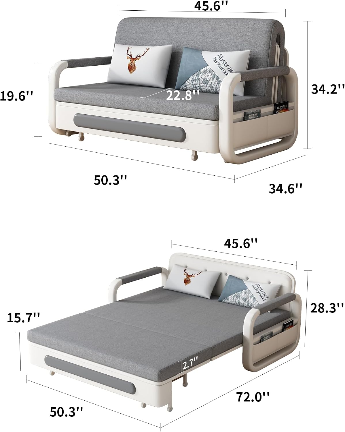 Pull-Out Sofa Daybed with Trundle - Versatile Futon Sleeper Couch for Living Room and Small Spaces (34.6'' D x 50.3'' W x 34.2'' H)- Gray/White Sofa Bed