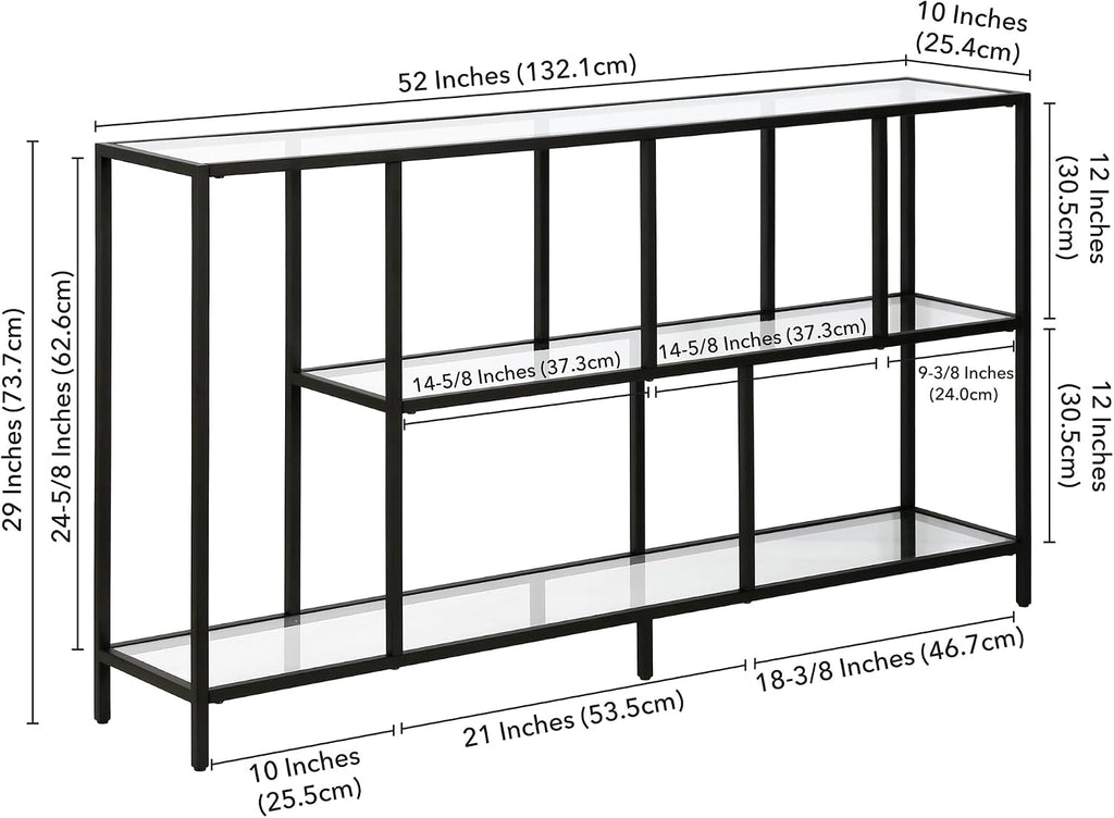 Henn&Hart 52' Wide Rectangular Console Table with Glass Shelves in Blackened Bronze, for Home Office, Living Room