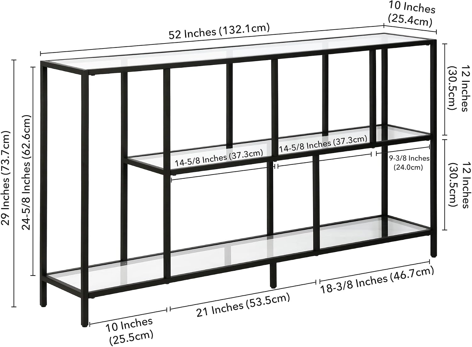 Henn&Hart 52' Wide Rectangular Console Table with Glass Shelves in Blackened Bronze, for Home Office, Living Room