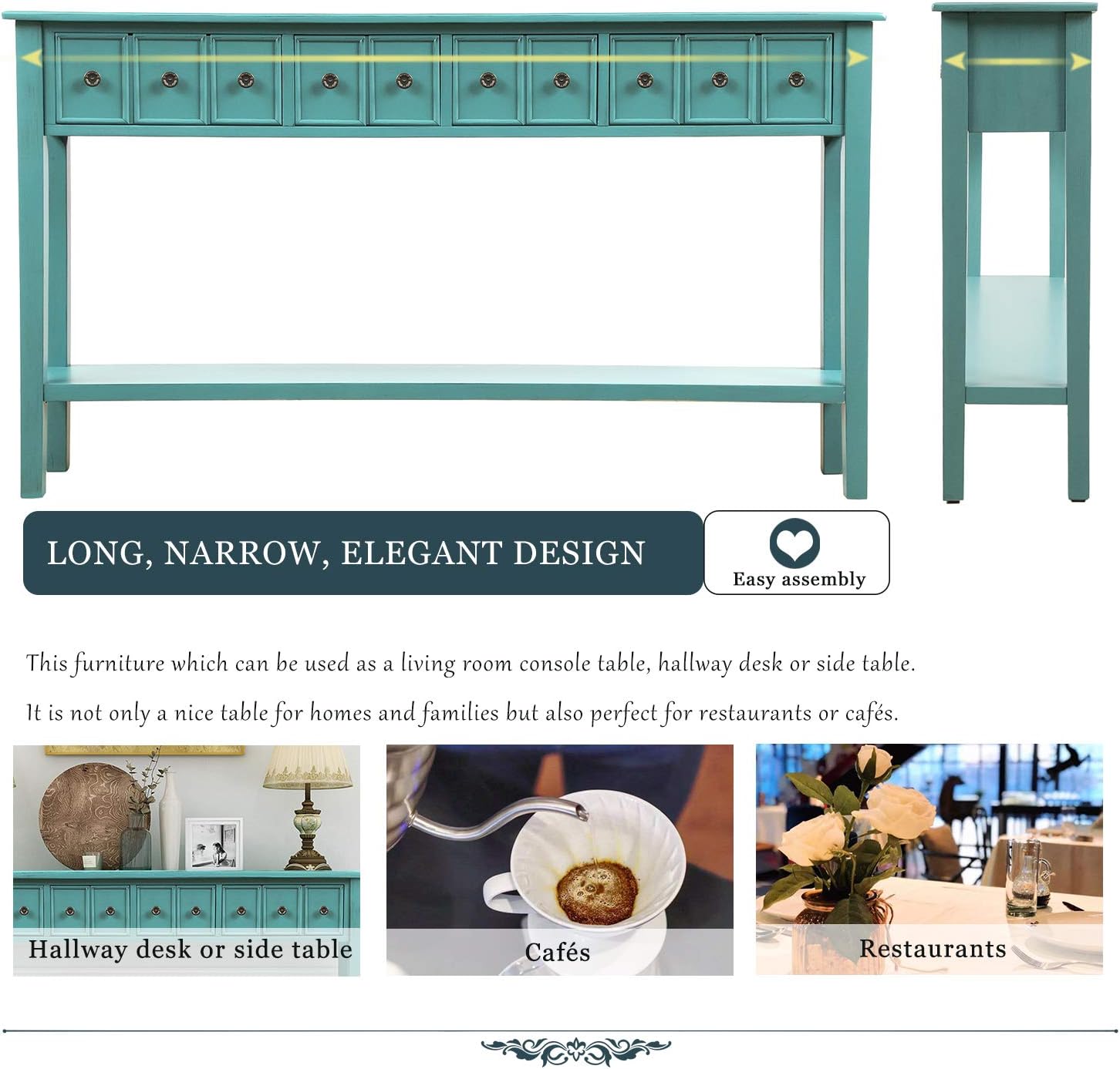 Merax Vintage Entryway Table 60 inch, Long Console Table with Drawers and Shelf for Entryway Easy Assembly Narrow Hallway Table