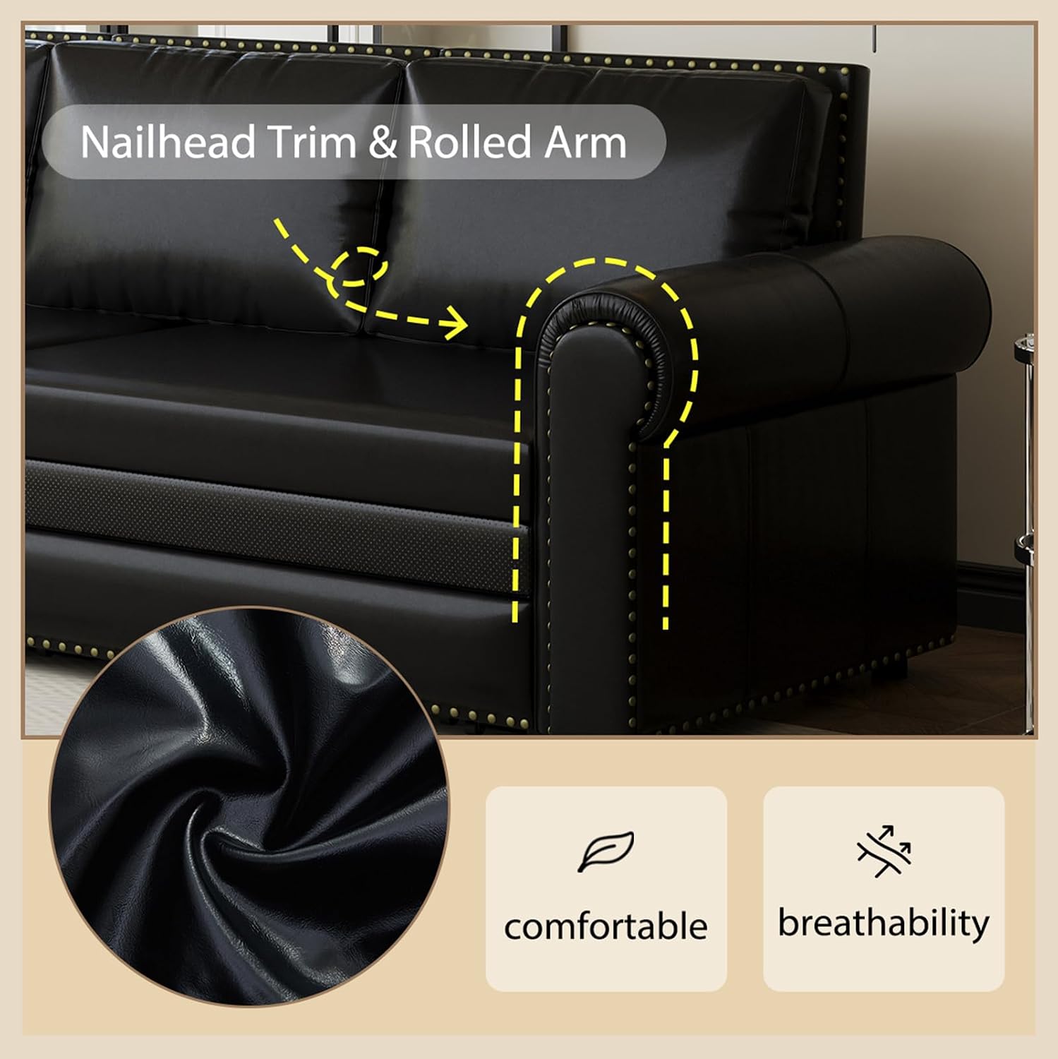 Faux Leather Sleeper Sofa Couch with Pullout Bed, 93.7' King Size Sleeper Sofa Bed, 3 in 1 Convertible Sofa Bed with Nailhead Trim & Rolled Arm for Living Room Bedroom Office (Black)