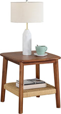 Alaterre Furniture Calais 2-Tier Solid Wood End Table with Woven Storage Shelf – Mid Century Modern Nightstand or Side Table for Living Room, or Bedroom (Chestnut)