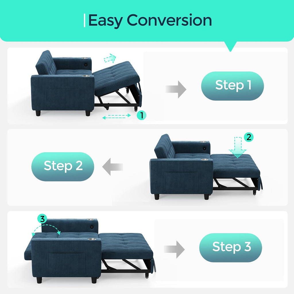 LINSY Sleeper Sofa Bed, 54' Pull Out Couch with Charging Station & Cup Holder, Small 3 in 1 Convertible Loveseat Sleeper Couch for Apartment, Dorm Room, Bedroom and Small Space, Corduroy Blue