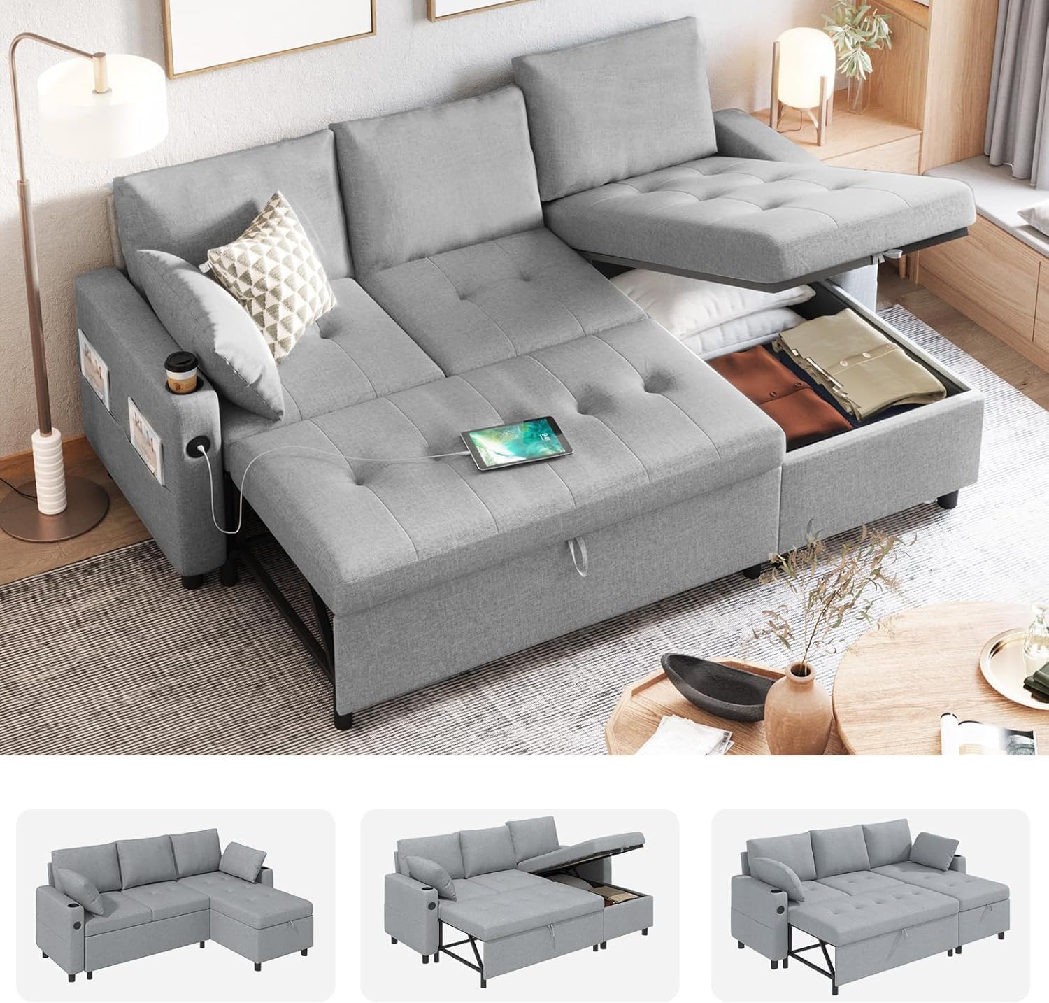 Esright 84'' Sleeper Sofa Bed, L Shaped Sectional Convertible Pull Out Couch with Storage Chaise for Living Room, Sleeper Sofa Couch with Pullout Bed, USB, Cup Holder, Side Pocket(Light Gray, Linen)