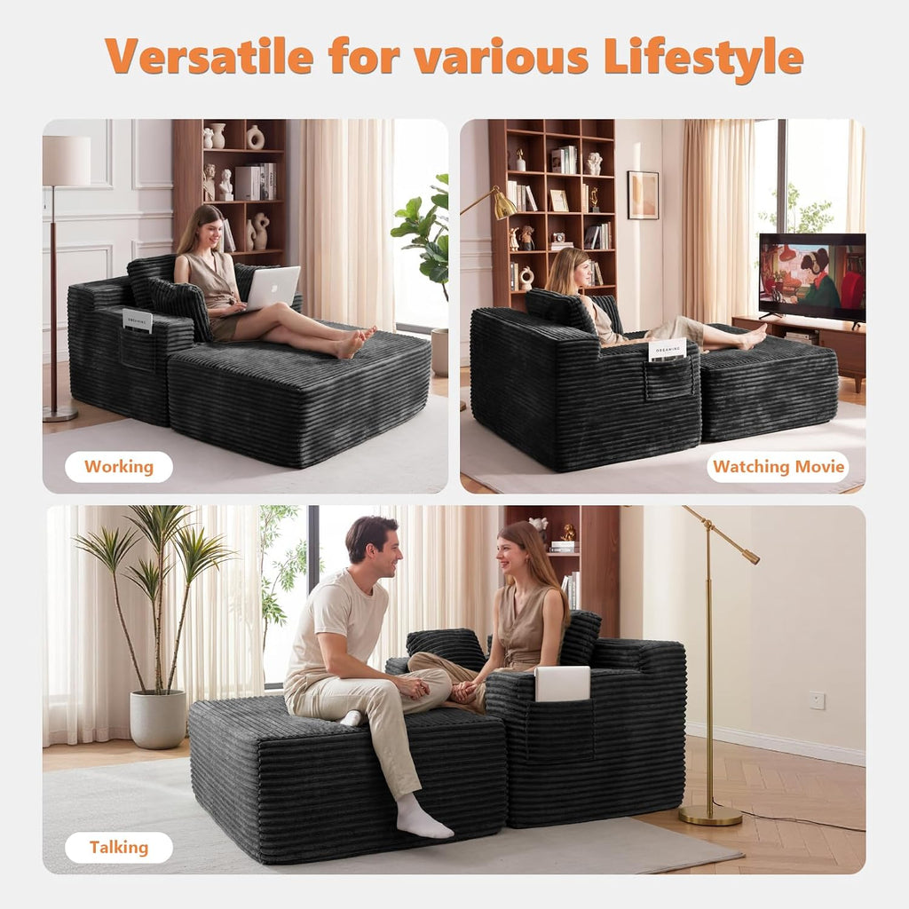 67' Oversized Chaise Lounge Chair Indoor with Ottoman and Double Side Pockets, Corduroy Deep Seat Couch, Boneless Couches for Living Room, No Assembly, Black
