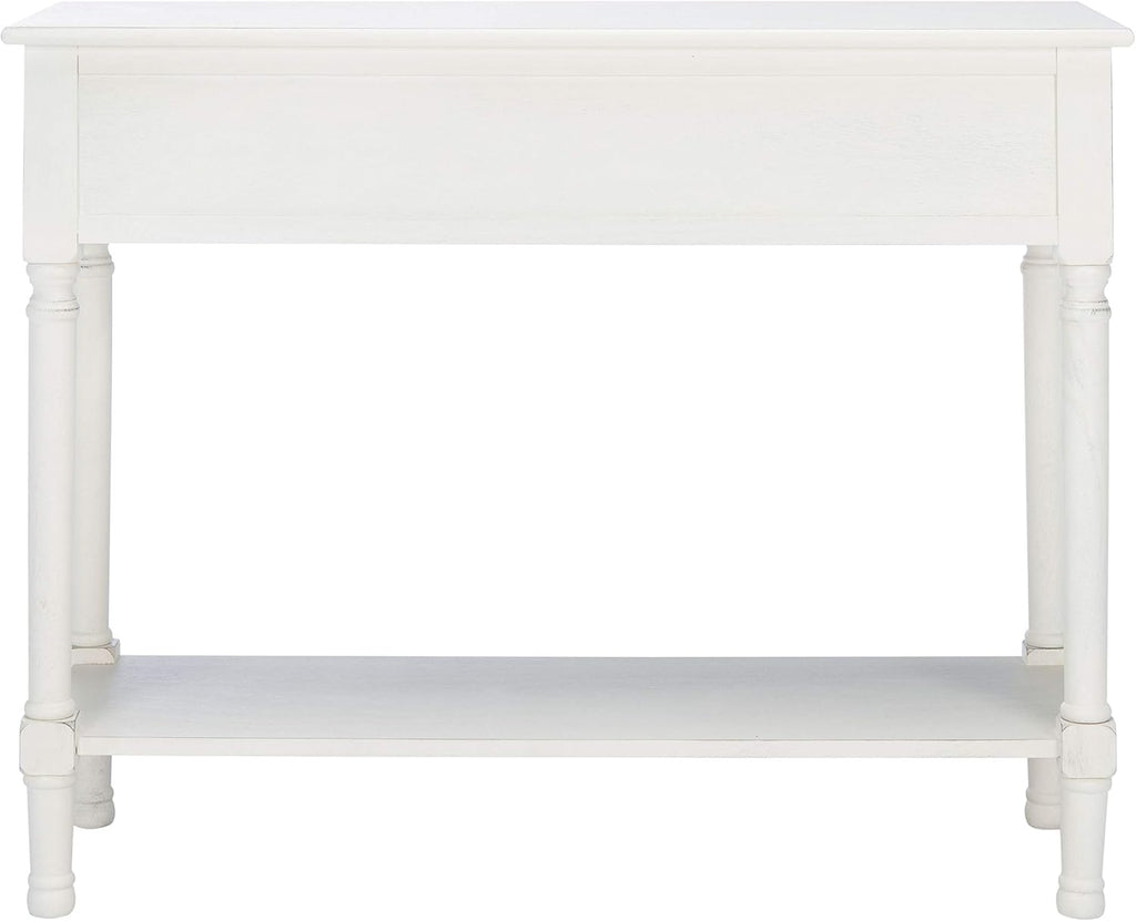 SAFAVIEH Home Collection – Tate Distressed White 2-Drawer Console Table with Shelf, Turned Leg Farmhouse Accent Console for Entryway or Living Room (CNS5720A)