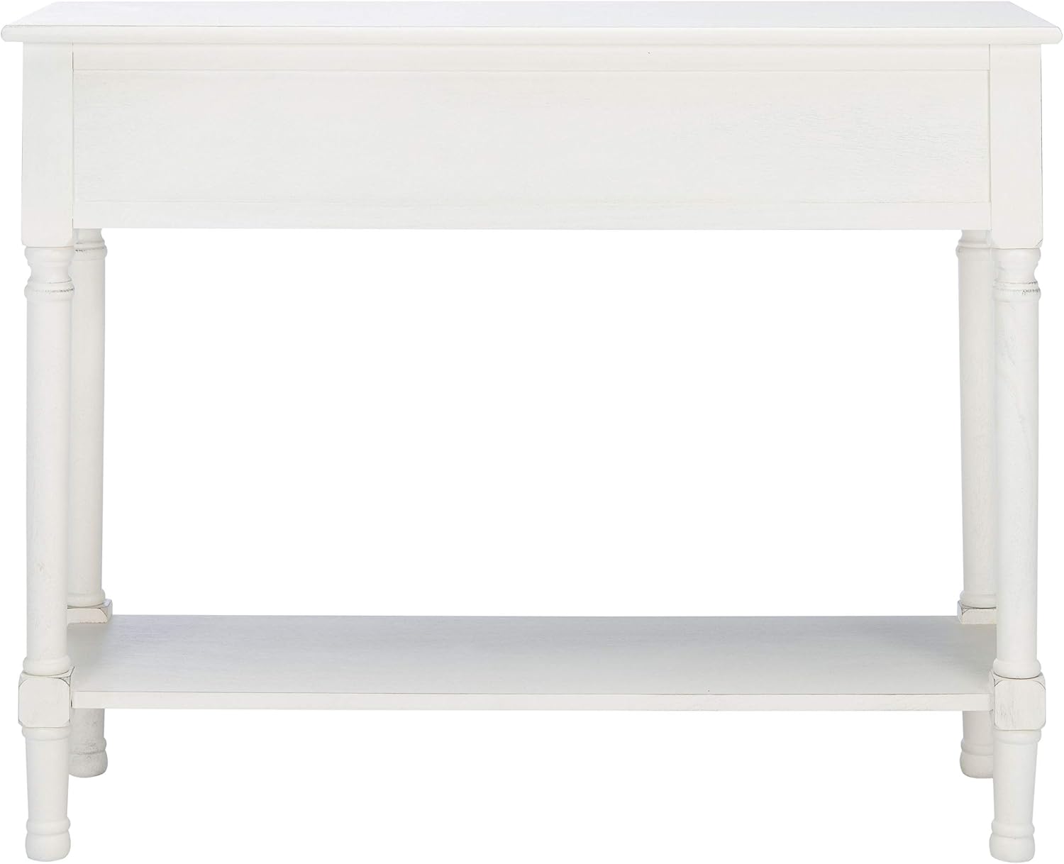 SAFAVIEH Home Collection – Tate Distressed White 2-Drawer Console Table with Shelf, Turned Leg Farmhouse Accent Console for Entryway or Living Room (CNS5720A)