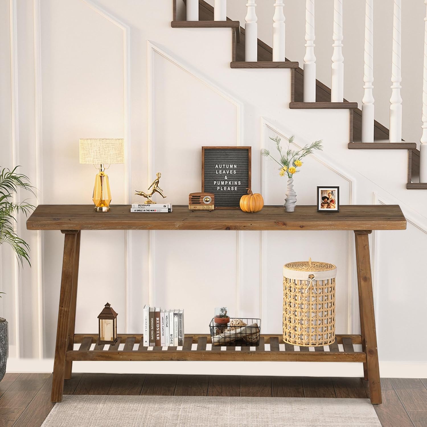 HOKYHOKY Reclaimed Solid Wood Console Table, 59' Long Farmhouse Entryway Tables, Rectangular Couch Table Behind Sofa, 2 Tiers Accent Tables for Hallway, Entrance, Foyer, Living Room