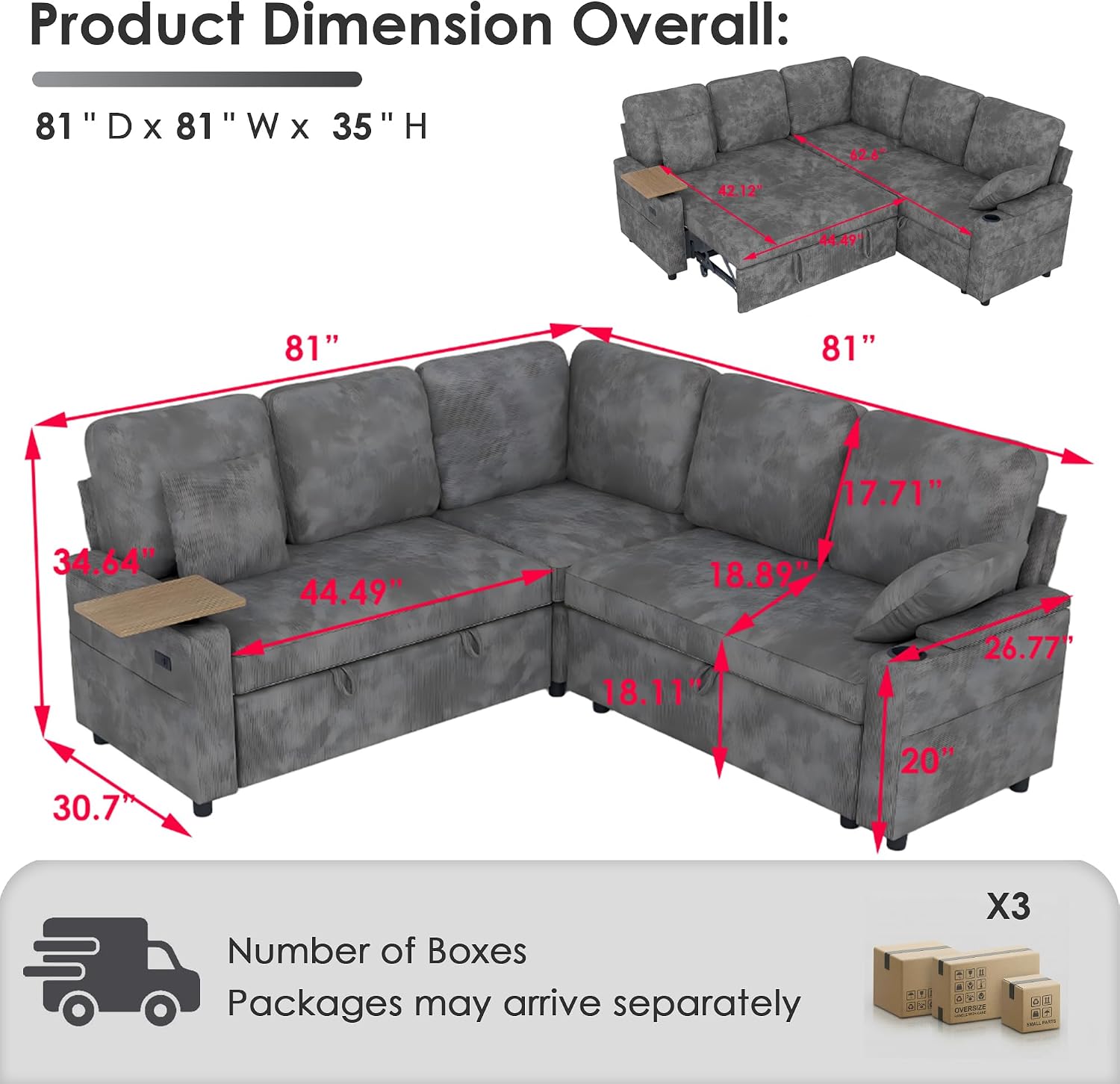 81' Modular Sectional Sofa, L Shaped 5-Seater Sleeper Sofa with Pull Out Bed, Hidden Storage, Cup Holders & USB Charging Ports, Sectional Couches for Living Room, Chenille, Grey