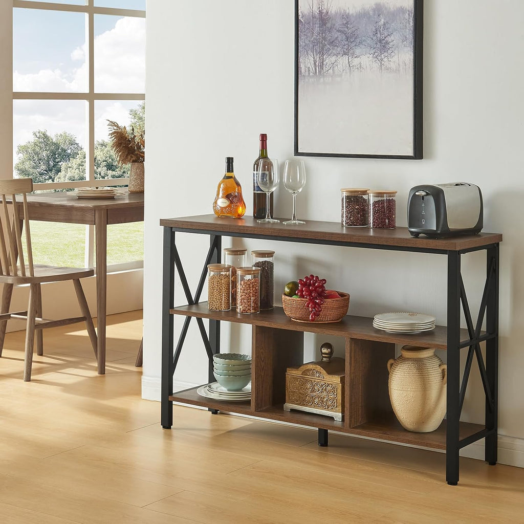 HOMBAZAAR Console Table,Industrial Sofa Table with 3 Cubes,Entryway Table with Engineered Wood and Metal, Rustic 3 Tier Shelf for Hallway,Living Room,Brown,47 Inch