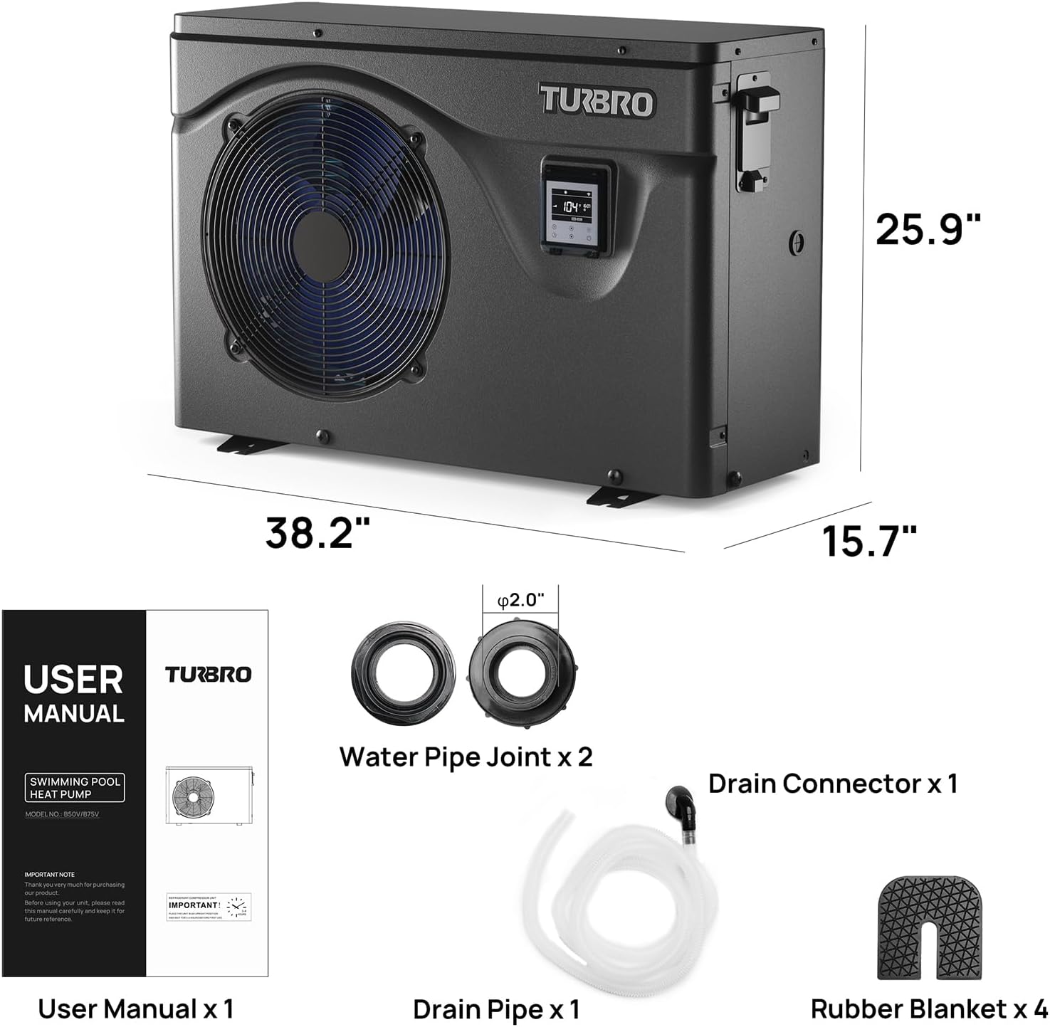 TURBRO 50,000 BTU Inverter Swimming Pool Heat Pump, Up to 15,000 Gallons, Electric Pool Heater for in and Above-Ground Pools, WiFi Enabled, 15.90 COP, 220-240 V, IPX4-Waterproof, Beluga B50V