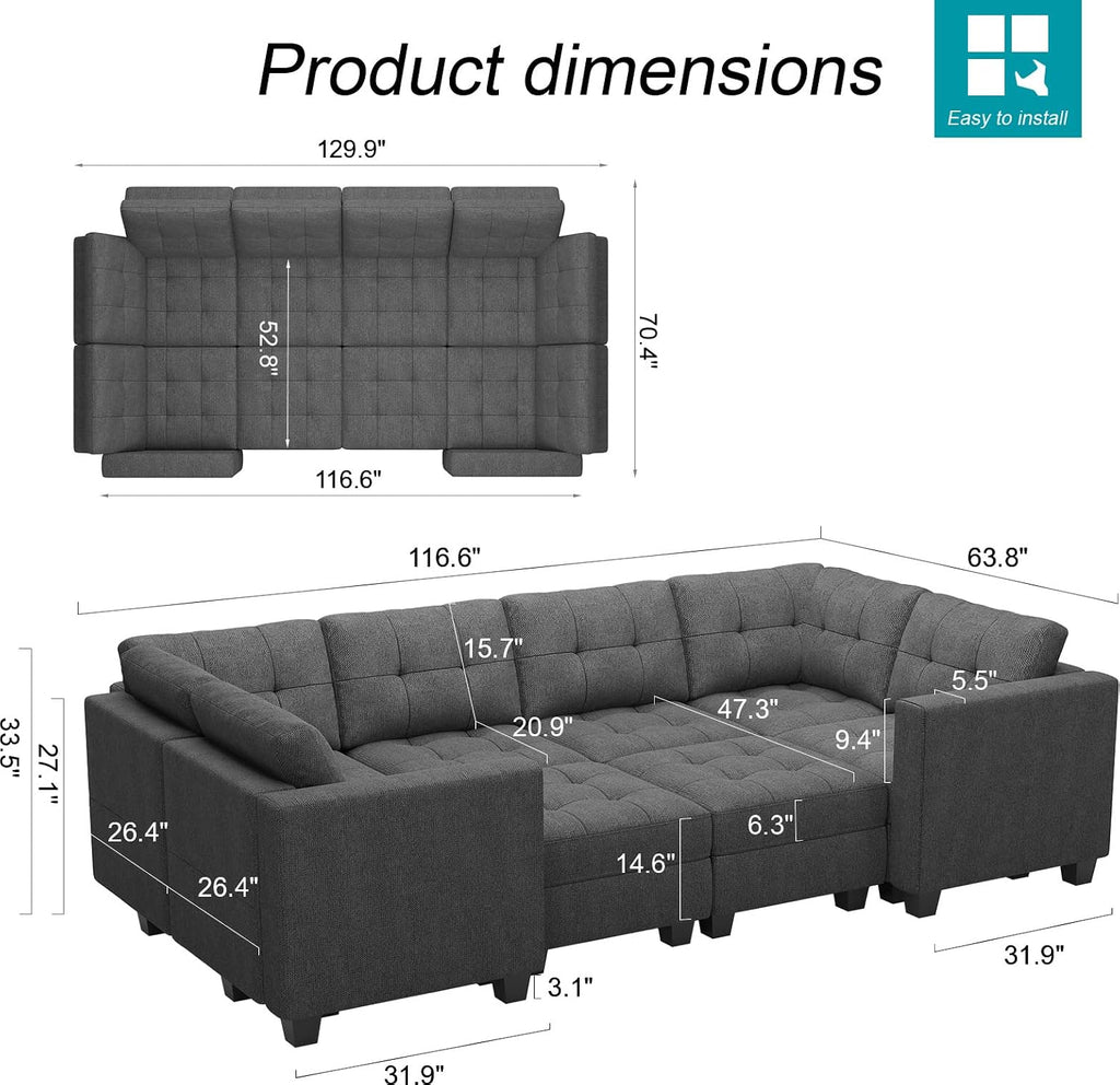Belffin Modular Sleeper Sofa Bed with Storage Seat Oversized Modular Sectional Sofa Couch Set Reversible Modular Sleeper Sectional Couch Bed Dark Grey BF0390-1