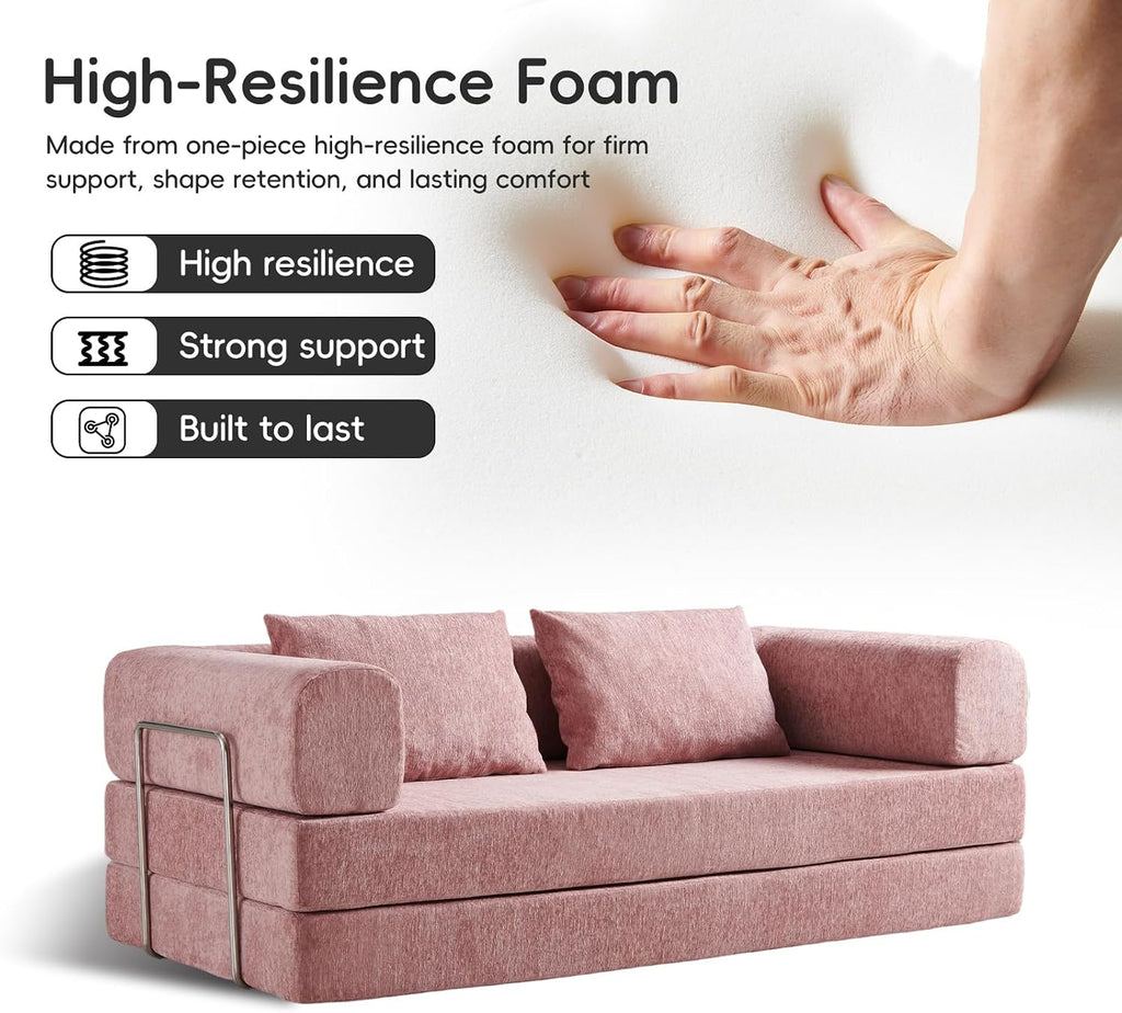 5-in-1 Convertible Folding Sofa Bed, 79' Queen Chenille Boneless Couch with Removable Armrests, No Assembly Loveseat Sleeper Sofa, Modular Futon Couch for Living Room & Bedroom (Pink)