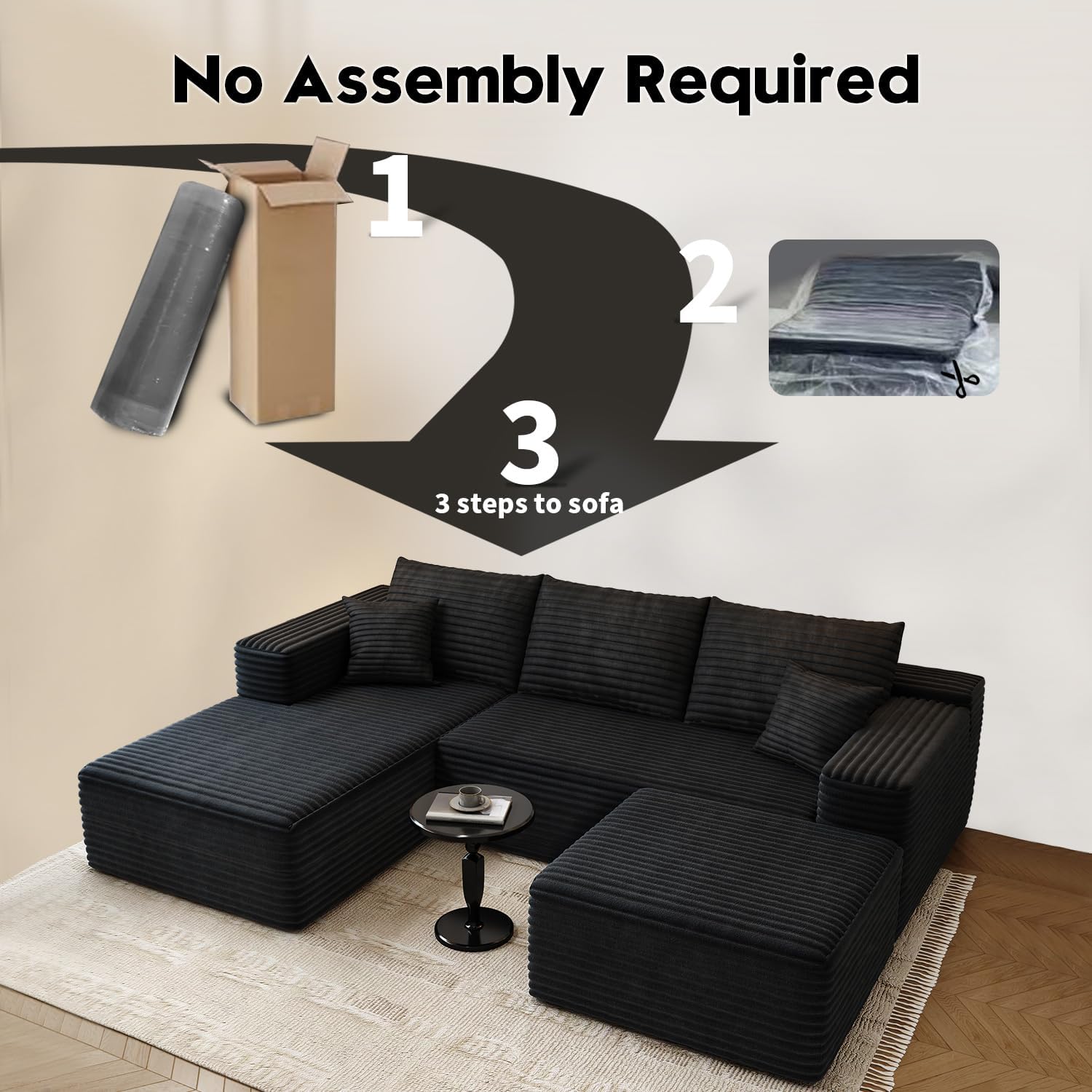 107.5' Cloud Modular Sectional Sofa with 1 Ottoman,Modern Minimalist Upholstered Couches, Comfort U Shaped Sofa for Living Room,Deep Seat Corner Couch，No Assembly Required (Black,Left Facing Chaise)