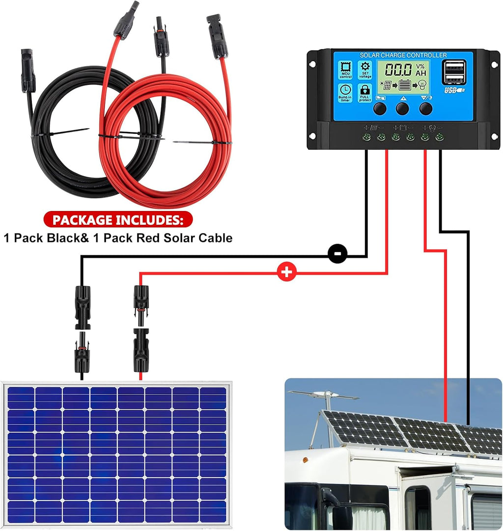 Vansdon 2x100 Feet Solar Panel Extension Cable, 10AWG Solar Cable with Female and Male Waterproof Connectors for RV, Photovoltaic Systems (100FT Red + 100FT Black)