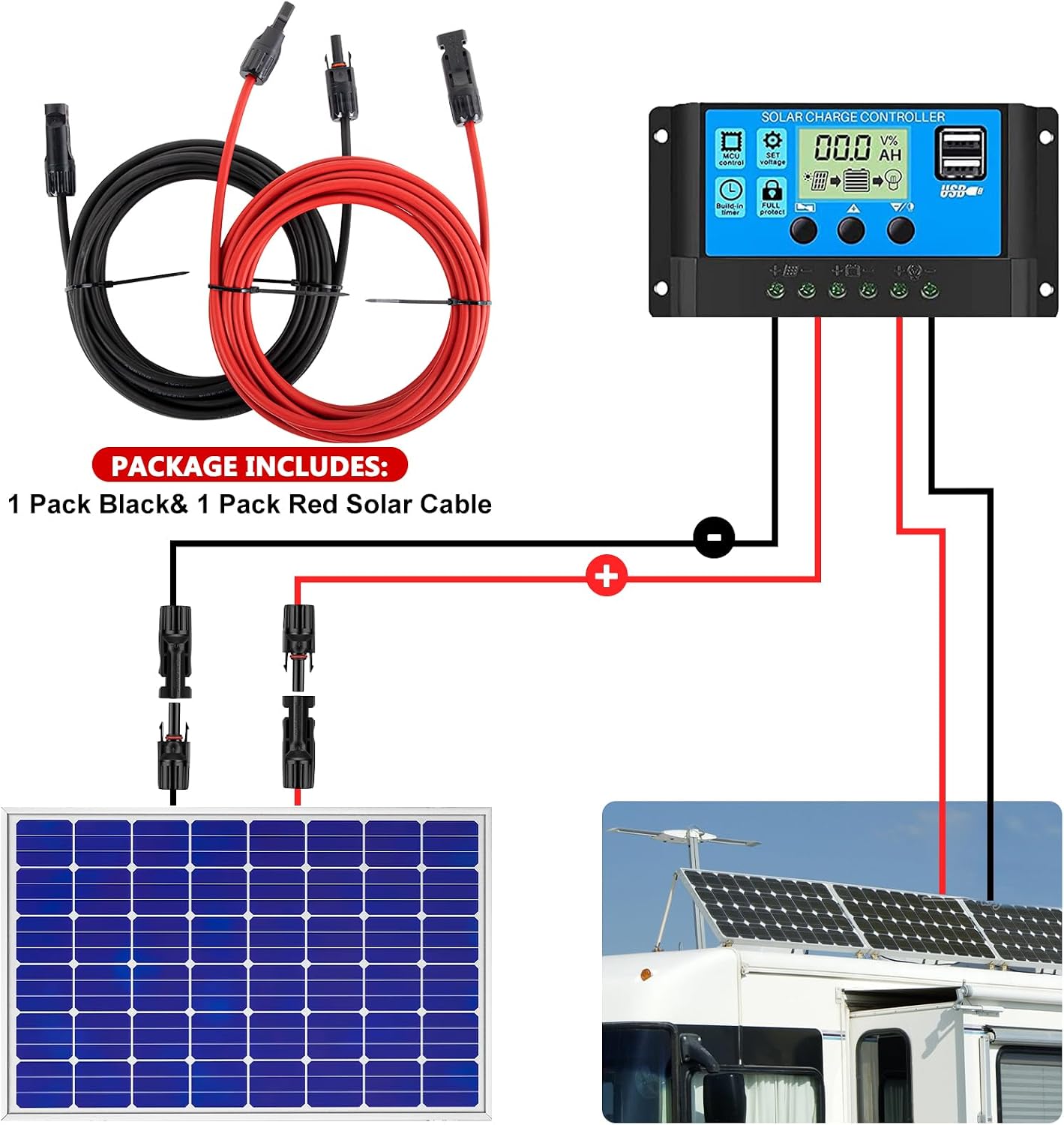 Vansdon 2x100 Feet Solar Panel Extension Cable, 10AWG Solar Cable with Female and Male Waterproof Connectors for RV, Photovoltaic Systems (100FT Red + 100FT Black)