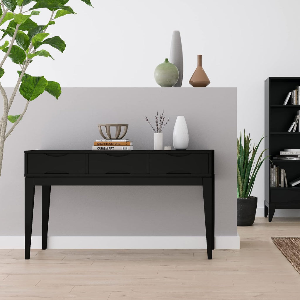 SIMPLIHOME Harper Console Table - 54 Inch Wide Solid Hardwood Sofa Table in Black, Mid-Century Modern Storage Table for Entryway or Living Room with 3 Drawers, Notched Handles, and Tapered Legs