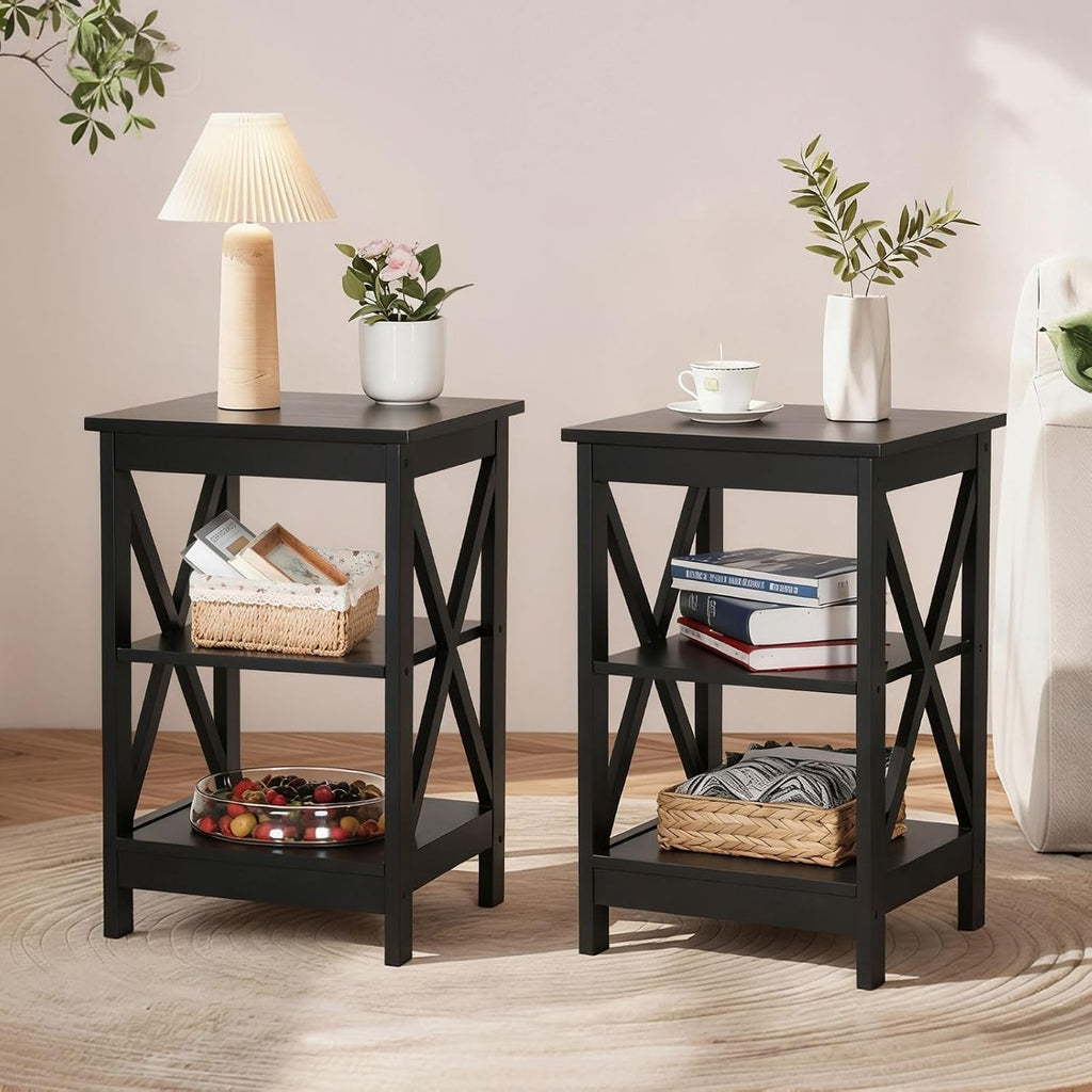 Sophia & William Farmhouse End Table Set of 2 with Storage Shelves, 3-Tier Sofa Side Table Nightstand Bedside Table for Living Room Bedroom Office, Expresso