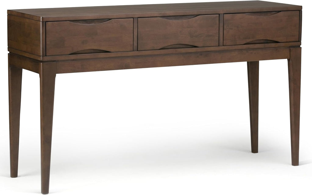 SIMPLIHOME Harper Console Table - 54 Inch Wide Solid Hardwood Sofa Table in Walnut Brown, Mid-Century Modern Storage Table for Entryway or Living Room with 3 Drawers, Notched Handles, and Tapered Legs