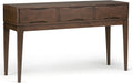 SIMPLIHOME Harper Console Table - 54 Inch Wide Solid Hardwood Sofa Table in Walnut Brown, Mid-Century Modern Storage Table for Entryway or Living Room with 3 Drawers, Notched Handles, and Tapered Legs
