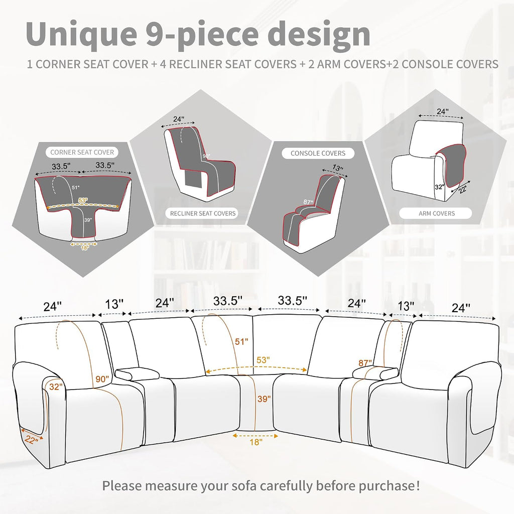 Waterproof Sectional Reclining Couch Covers L Shaped Recliner Sectional Sofa Cover 9 Piece Non Slip Washable Corner Recliner Slipcover Set for Pet Dog (5 Seater 2 Console Cover, Camel)