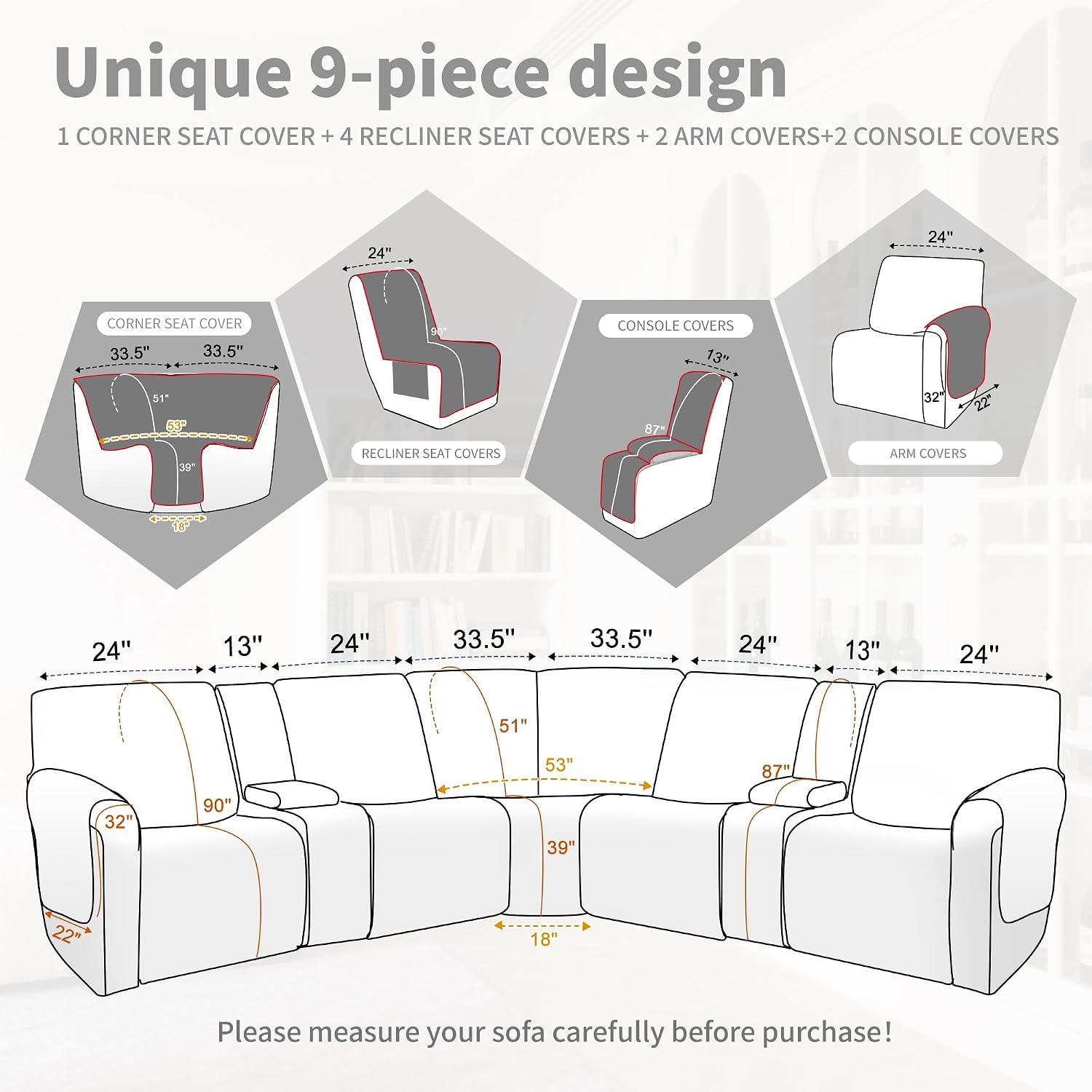 Waterproof Sectional Reclining Couch Covers L Shaped Recliner Sectional Sofa Cover 9 Piece Non Slip Washable Corner Recliner Slipcover Set for Pet Dog (5 Seater 2 Console Cover, Camel)